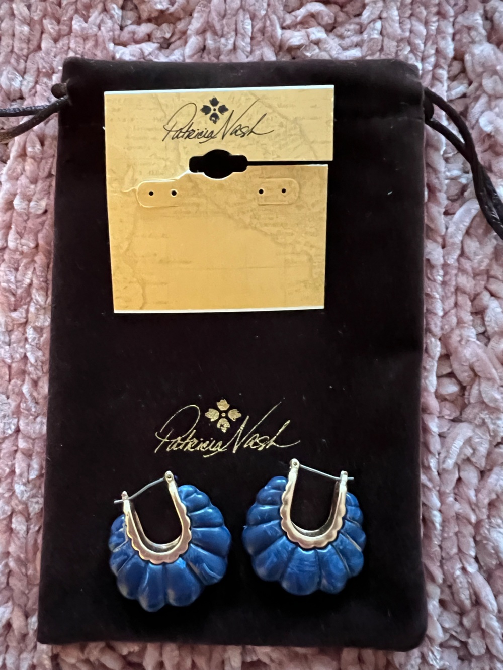 Patricia Nash Navy Blue Scalloped Hoop Earrings with Gold Accents